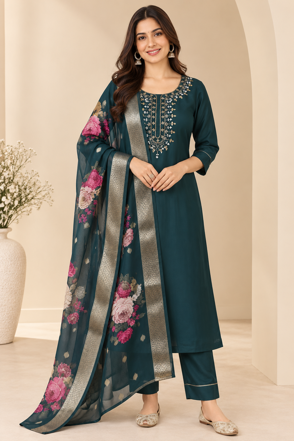 Embroidered Rayon Slub 3-Piece Kurta Pant Dupatta Set