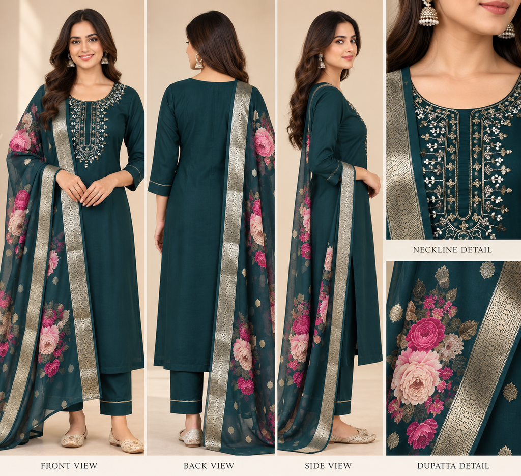 Embroidered Rayon Slub 3-Piece Kurta Pant Dupatta Set