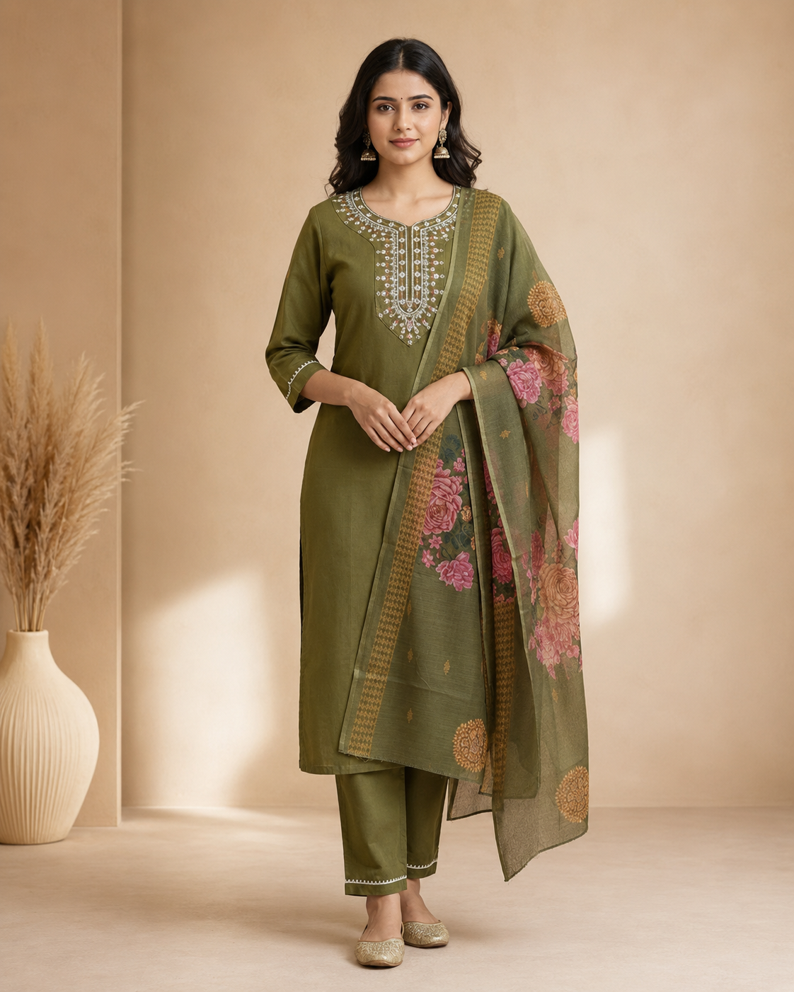 Embroidered Rayon Slub 3-Piece Kurta Pant Dupatta Set