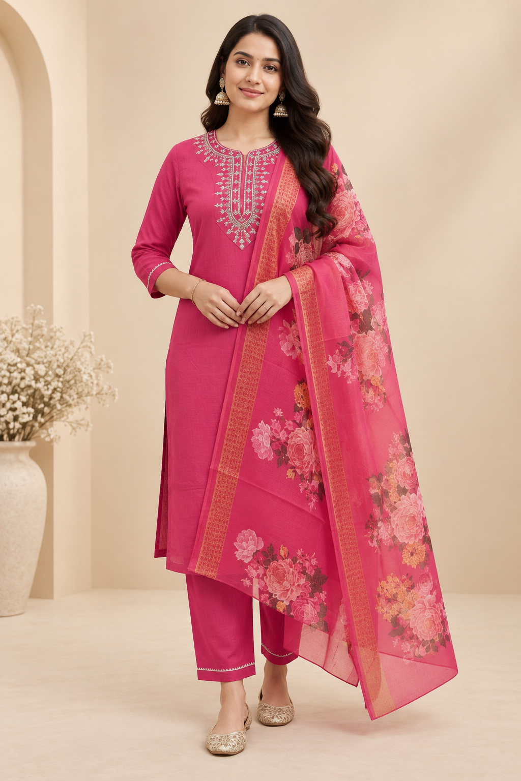 Embroidered Rayon Slub 3-Piece Kurta Pant Dupatta Set
