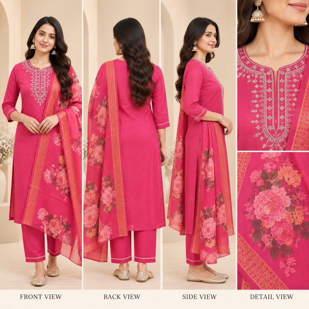 Embroidered Rayon Slub 3-Piece Kurta Pant Dupatta Set
