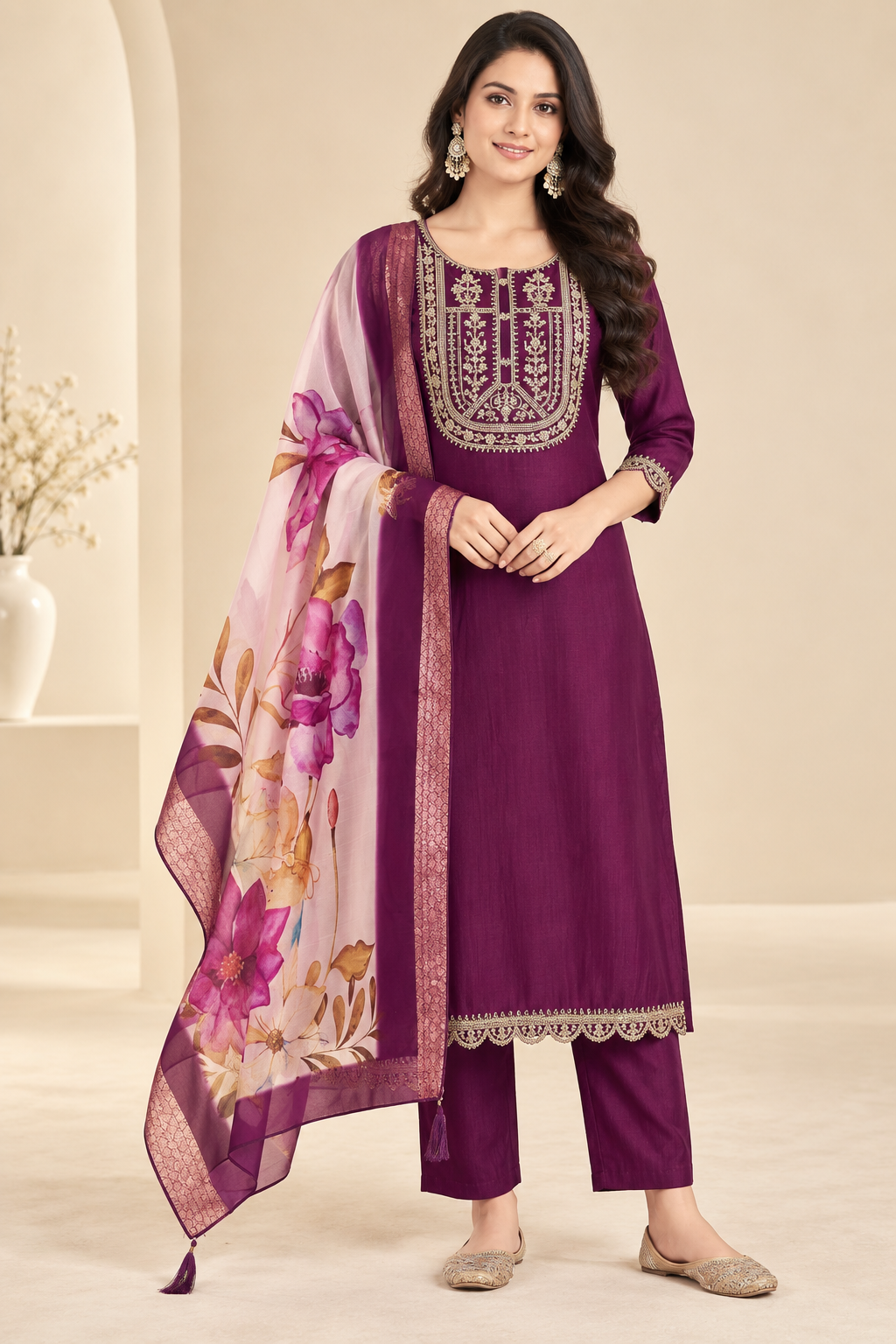 Embroidered Rayon Slub 3-Piece Kurta Set