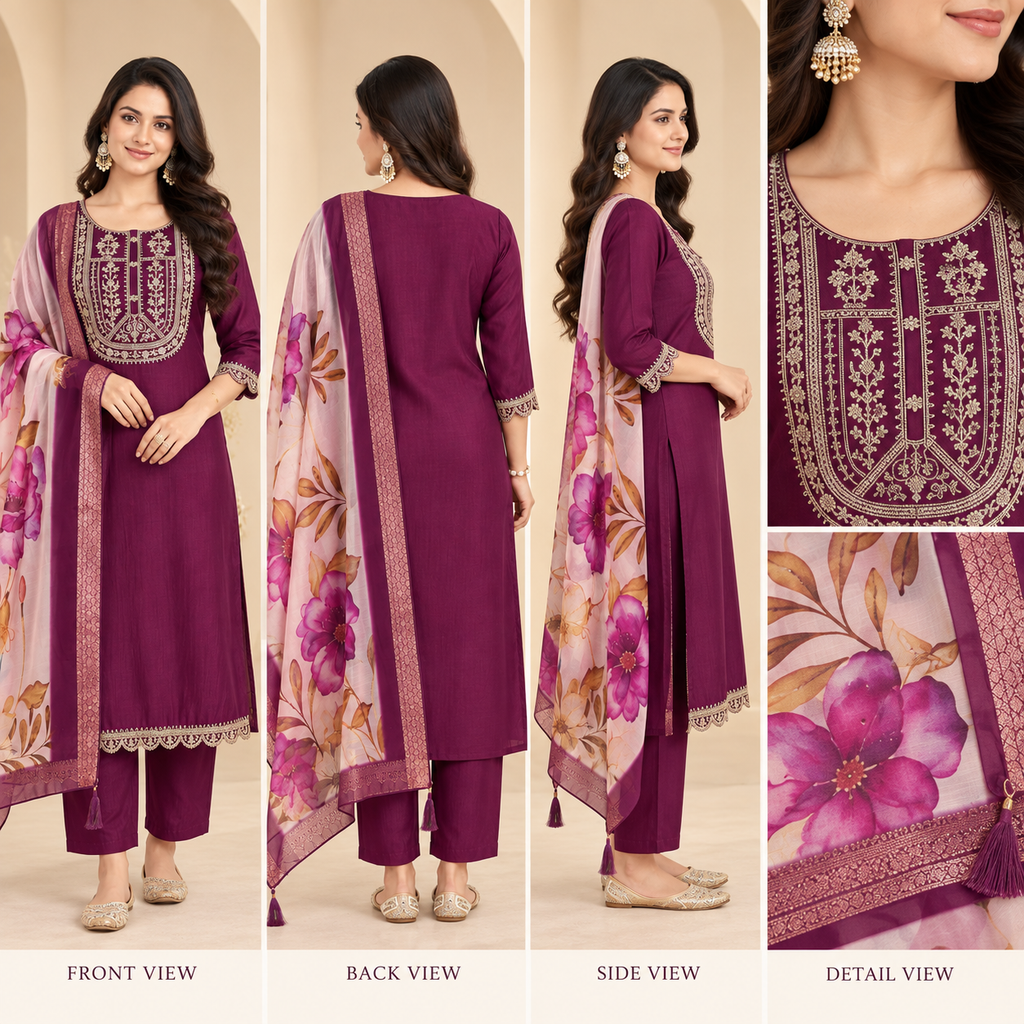 Embroidered Rayon Slub 3-Piece Kurta Set