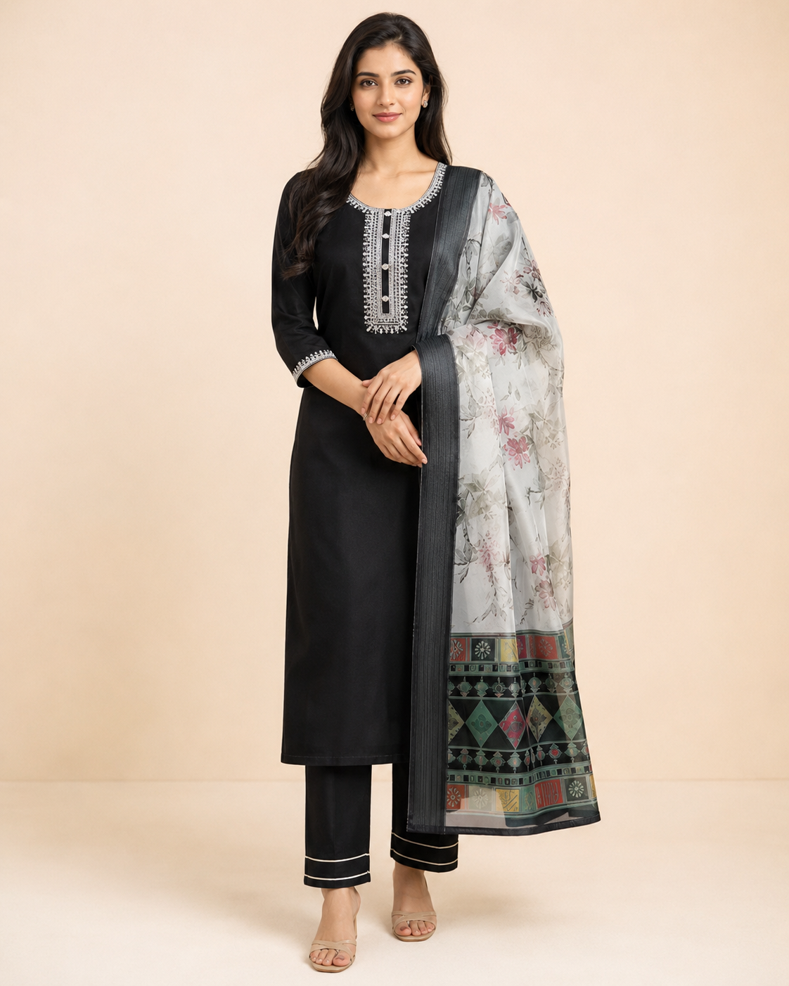 Embroidered Magic Cotton 3-Piece Ethnic Kurta Set [Black]