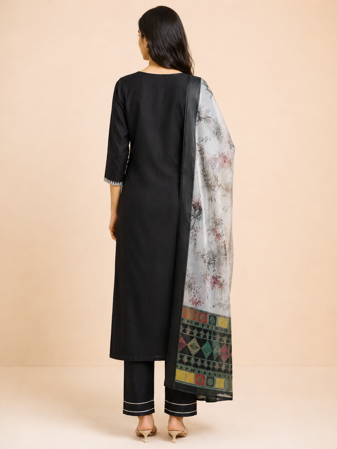 Embroidered Magic Cotton 3-Piece Ethnic Kurta Set [Black]