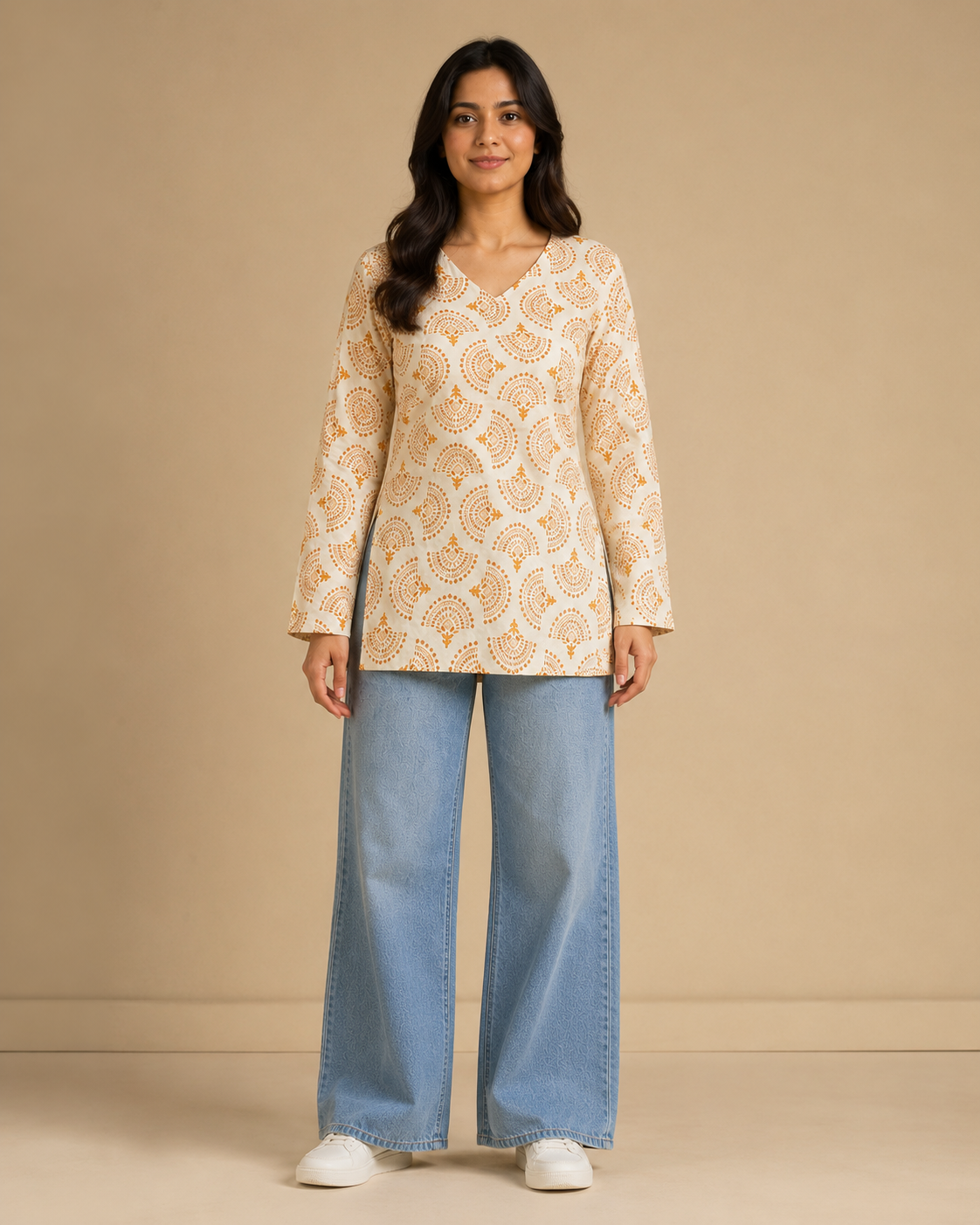 Ivory Teal Printed Women's Cotton Short Kurti – V-Neck Style [Beige]