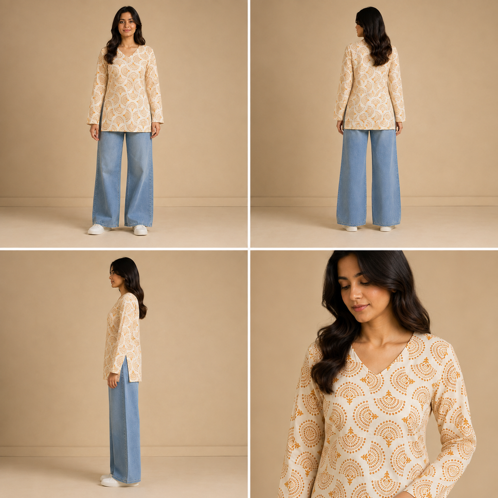 Ivory Teal Printed Women's Cotton Short Kurti – V-Neck Style [Beige]