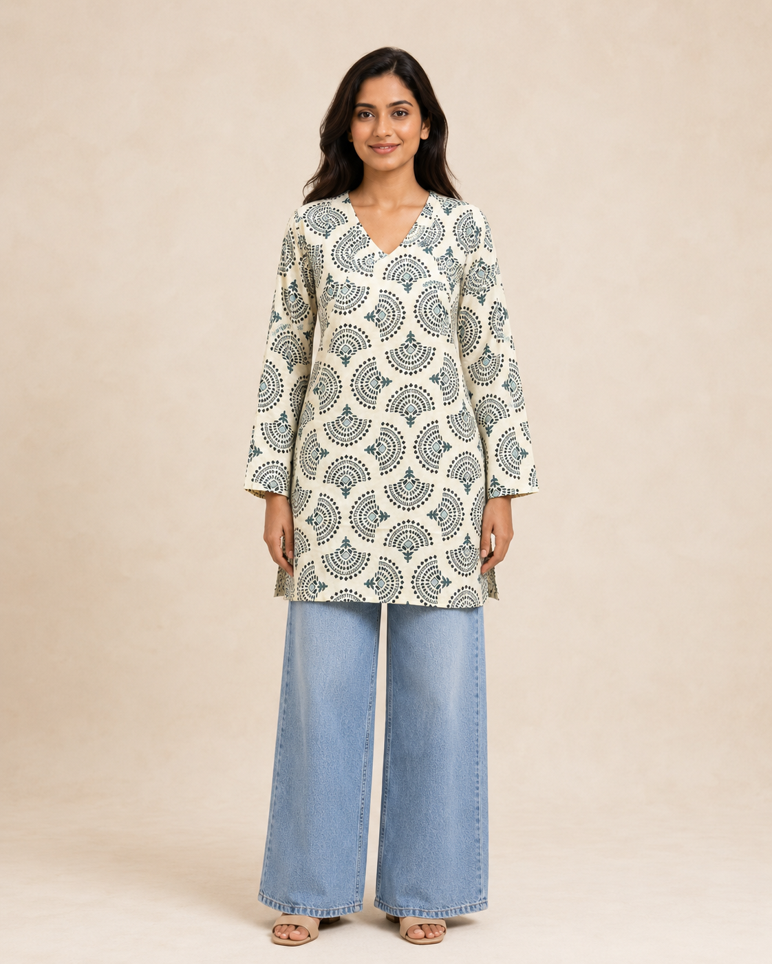 Ivory Teal Printed Women's Cotton Short Kurti – V-Neck Style [Teal Blue]