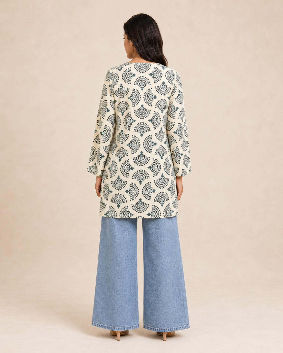 Ivory Teal Printed Women's Cotton Short Kurti – V-Neck Style [Teal Blue]