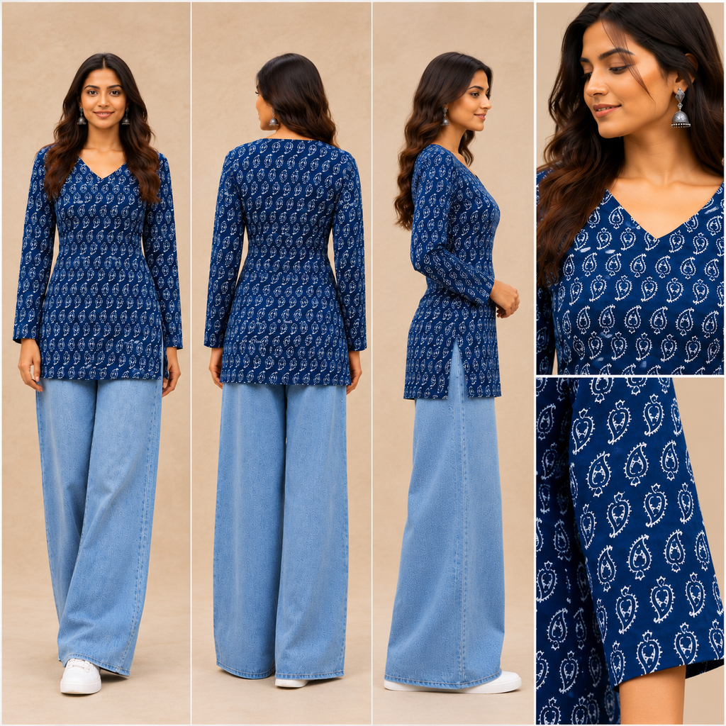Navy Blue Printed Women's Short Kurti – Cotton Comfort