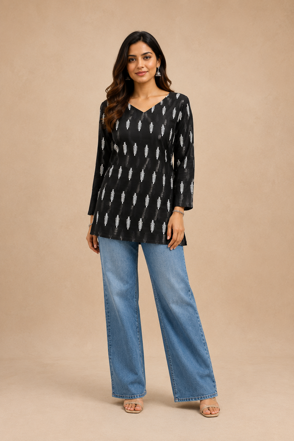 Cream Printed Cotton Women's Short Kurti – Leaf Print [Black]