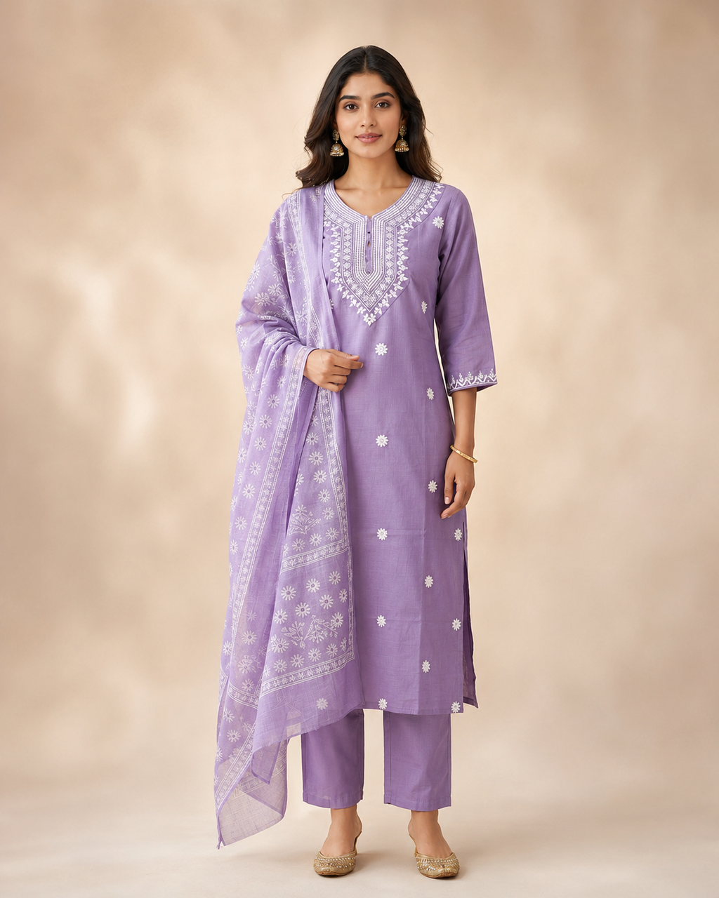 Lilac Embroidered Rayon Slub 3-Piece Kurta Set with Chanderi Dupatta