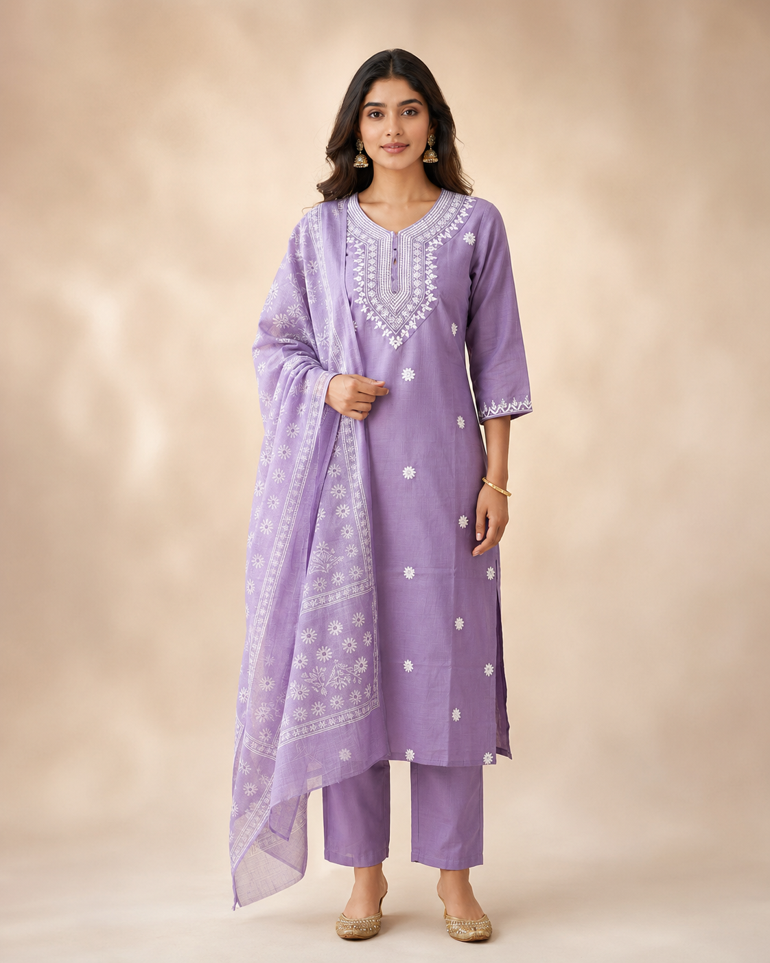Lilac Embroidered Rayon Slub 3-Piece Kurta Set with Chanderi Dupatta