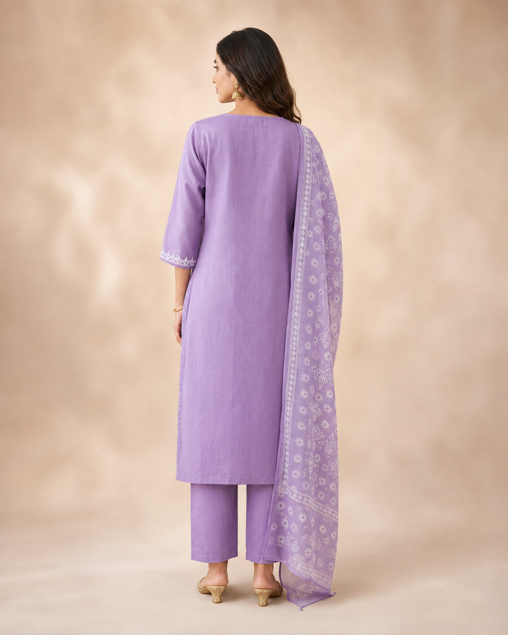 Lilac Embroidered Rayon Slub 3-Piece Kurta Set with Chanderi Dupatta