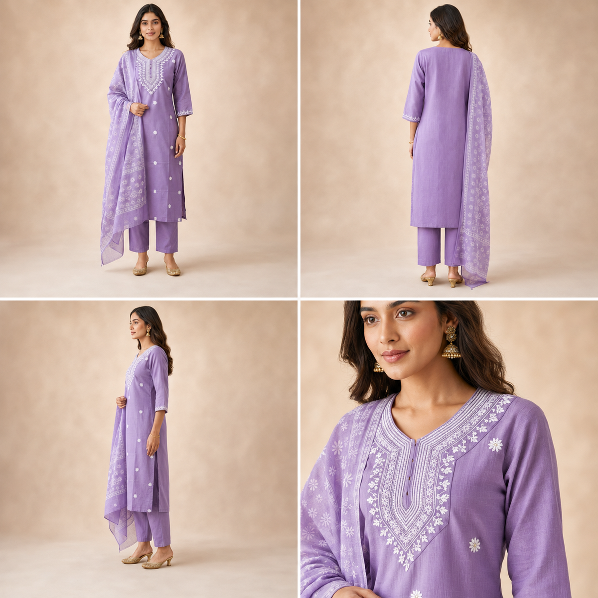 Lilac Embroidered Rayon Slub 3-Piece Kurta Set with Chanderi Dupatta