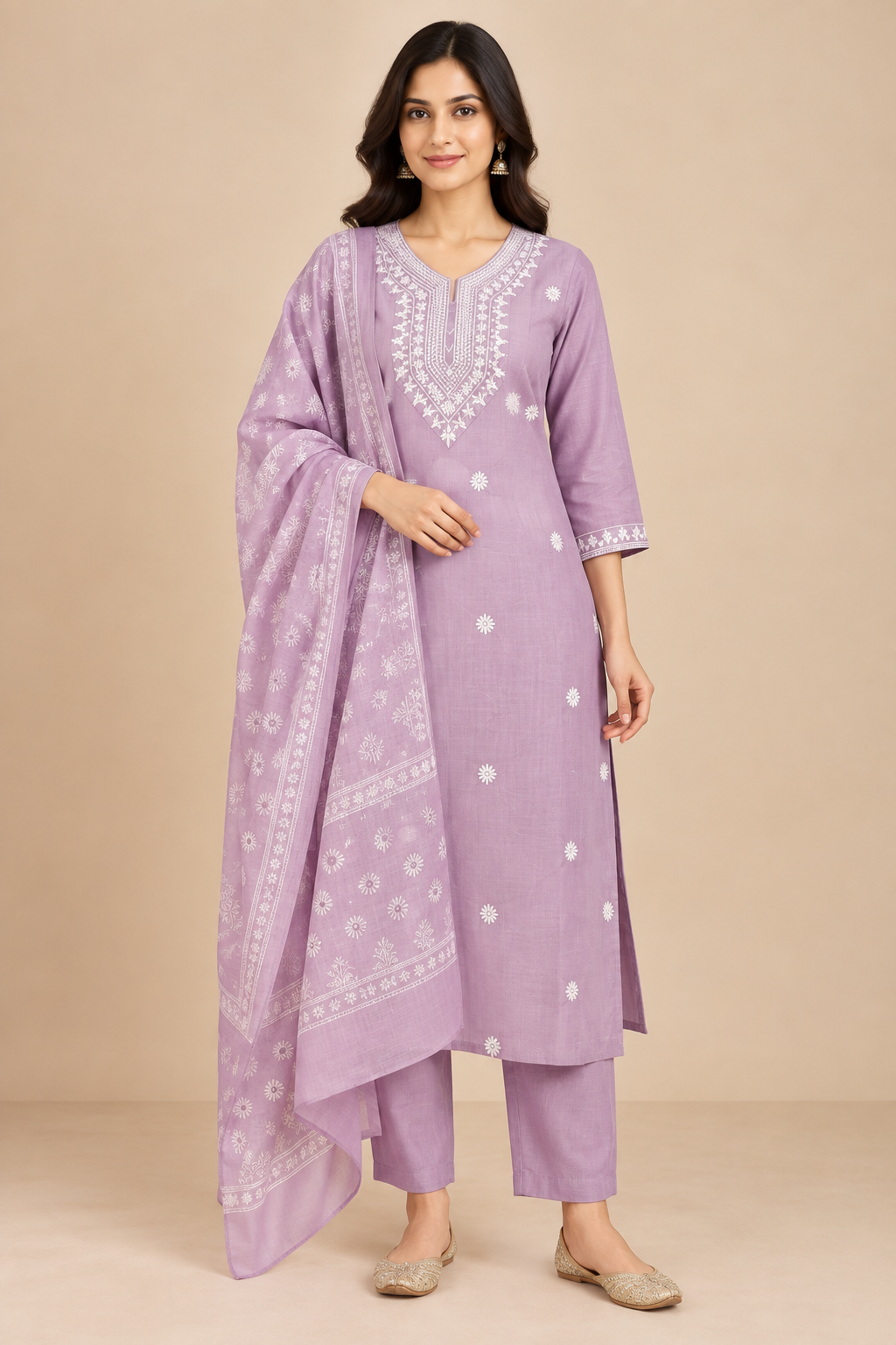 Lilac Embroidered Rayon Slub 3-Piece Kurta Set with Chanderi Dupatta