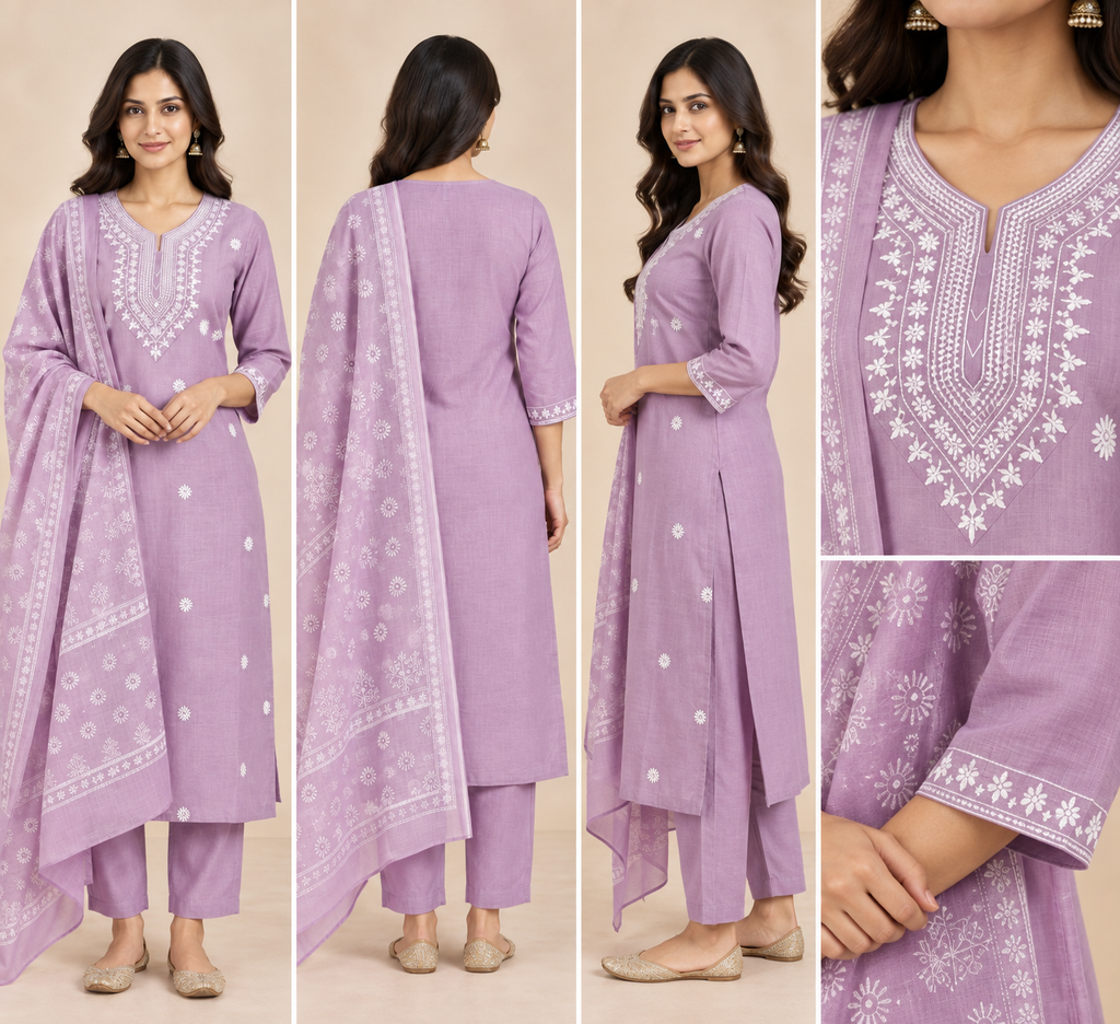 Lilac Embroidered Rayon Slub 3-Piece Kurta Set with Chanderi Dupatta