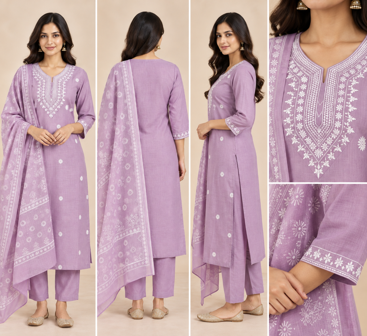 Lilac Embroidered Rayon Slub 3-Piece Kurta Set with Chanderi Dupatta