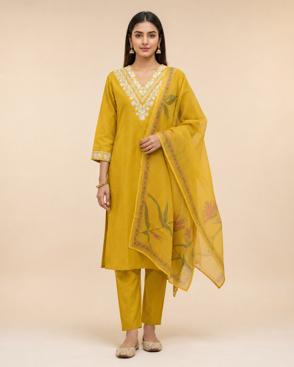 Mustard Embroidered Rayon Slub 3-Piece Kurta Set with Chanderi Dupatta