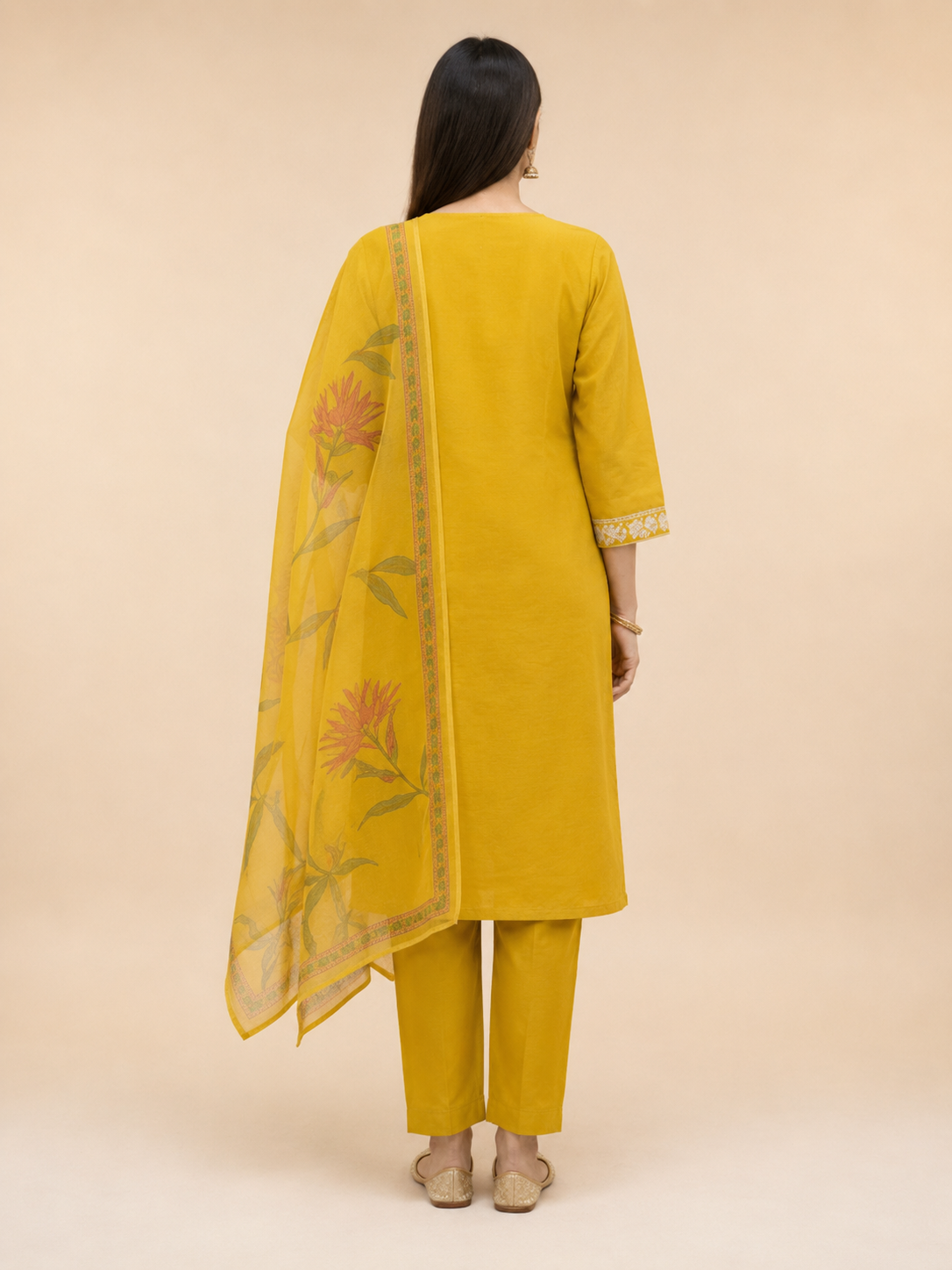 Mustard Embroidered Rayon Slub 3-Piece Kurta Set with Chanderi Dupatta