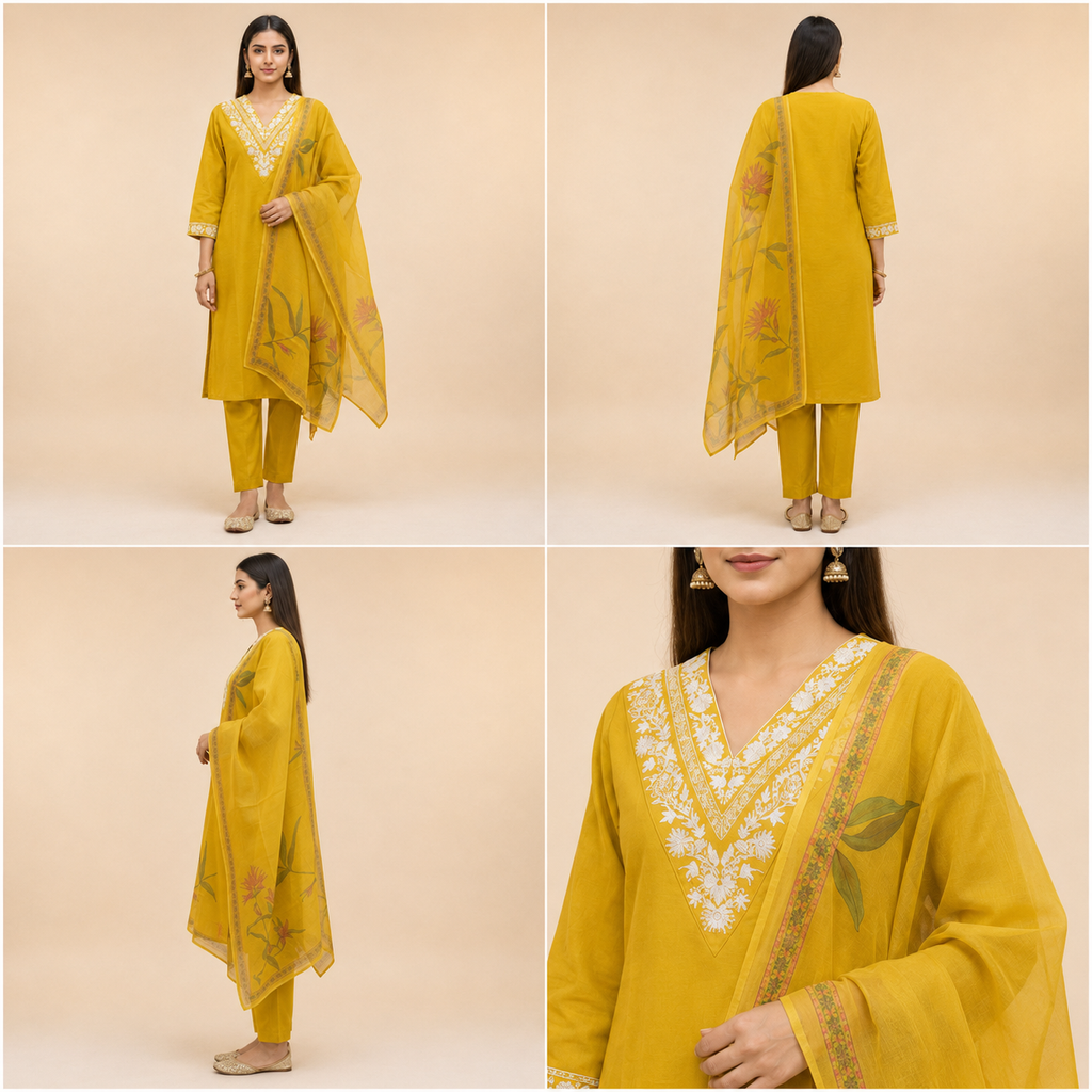 Mustard Embroidered Rayon Slub 3-Piece Kurta Set with Chanderi Dupatta