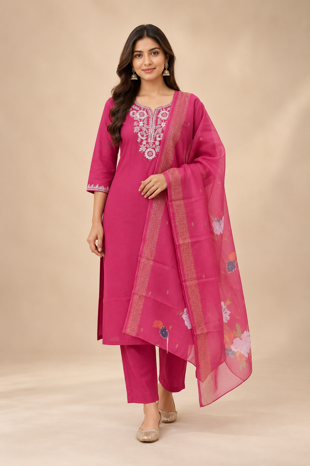 Embroidered Rayon Slub 3-Piece Kurta Set with Chanderi Dupatta