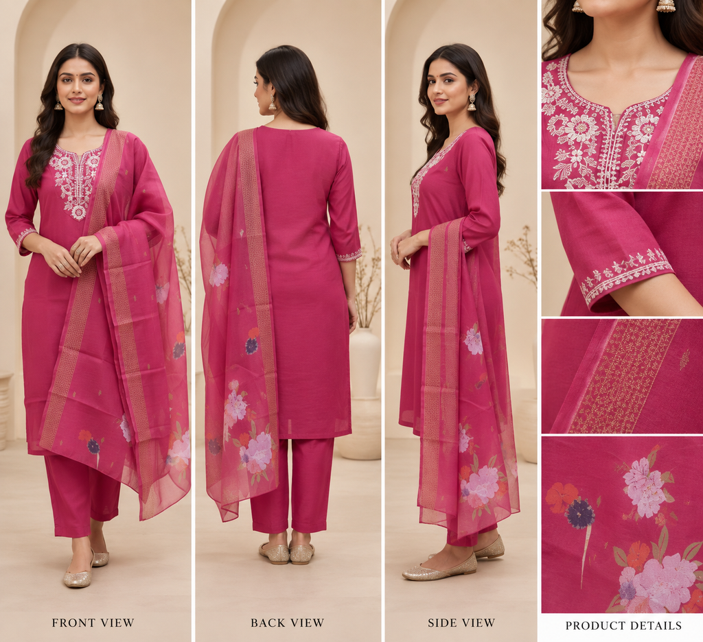 Embroidered Rayon Slub 3-Piece Kurta Set with Chanderi Dupatta