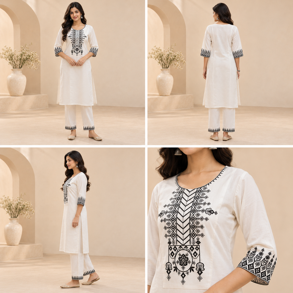 Ivory Embroidered Khadi Cotton Women's 2-Piece Co-ord Set