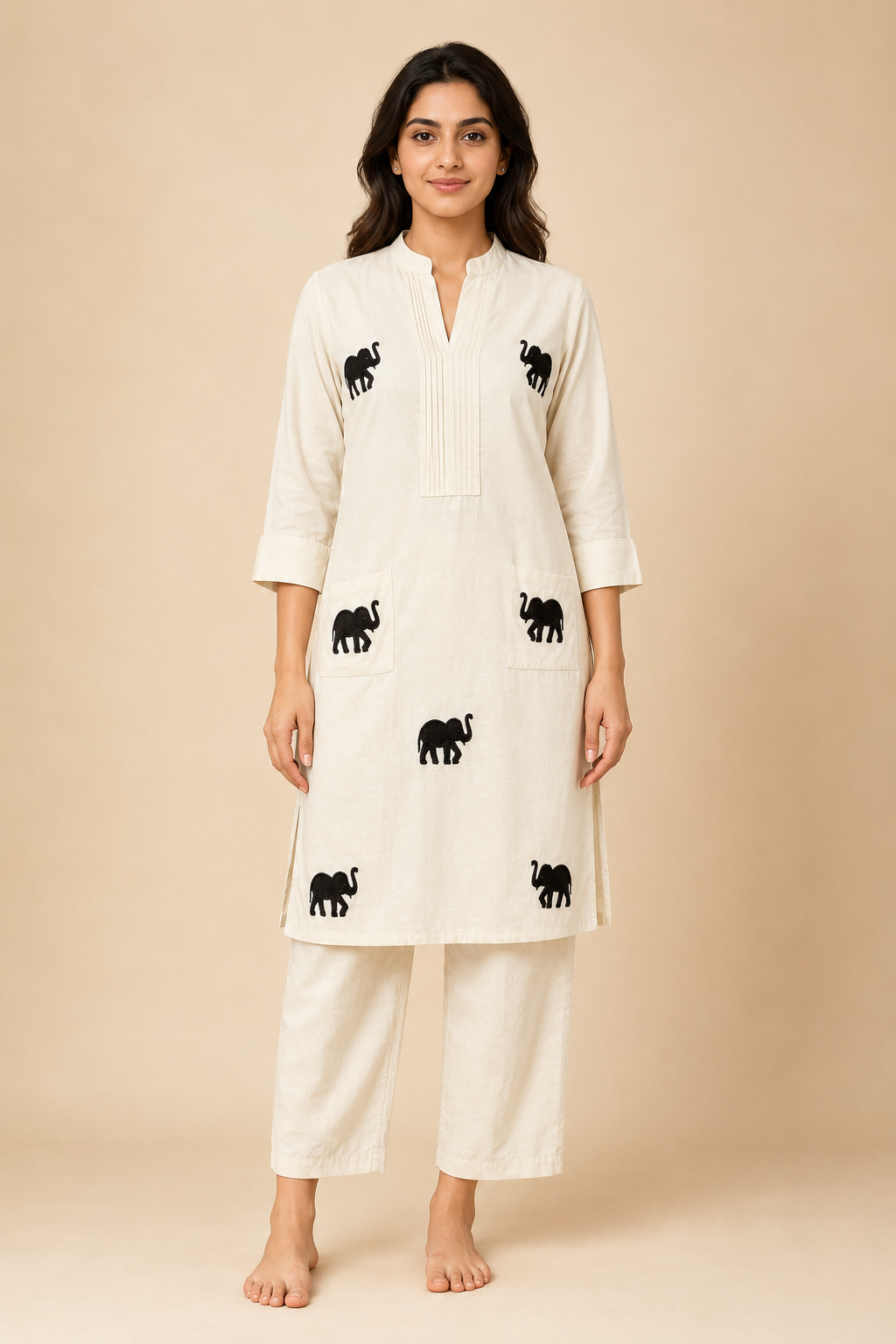 Ivory Elephant Embroidered Women’s Khadi Cotton Co-ord Set