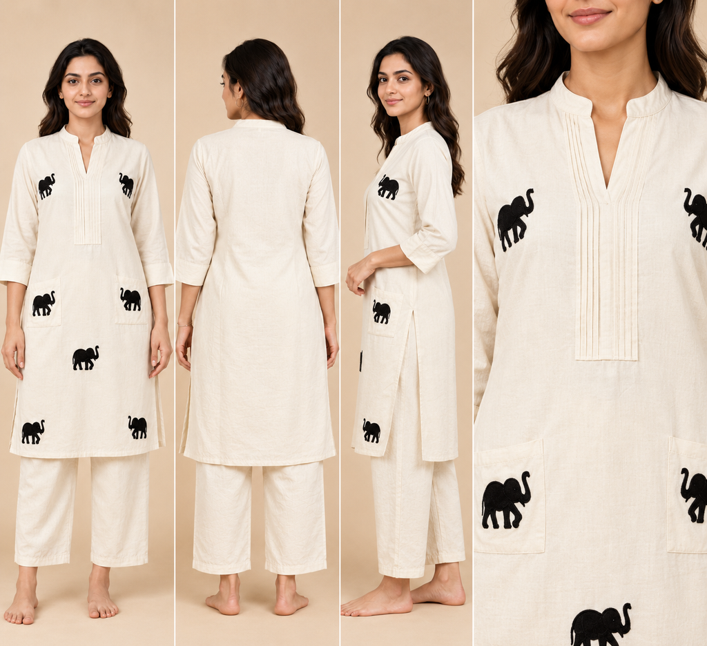 Ivory Elephant Embroidered Women’s Khadi Cotton Co-ord Set