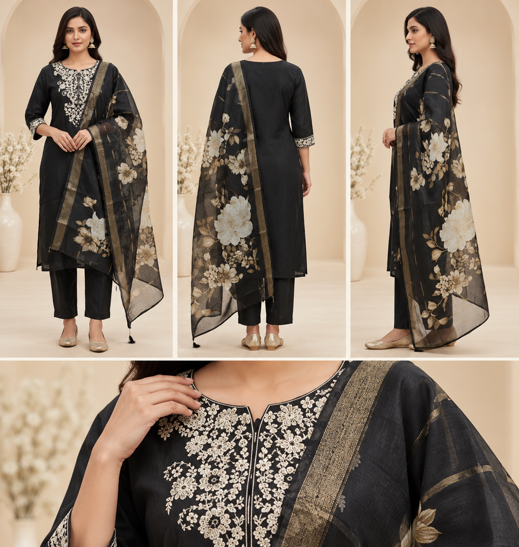 Cording Embroidered Roman Silk 3-Piece Kurta Set