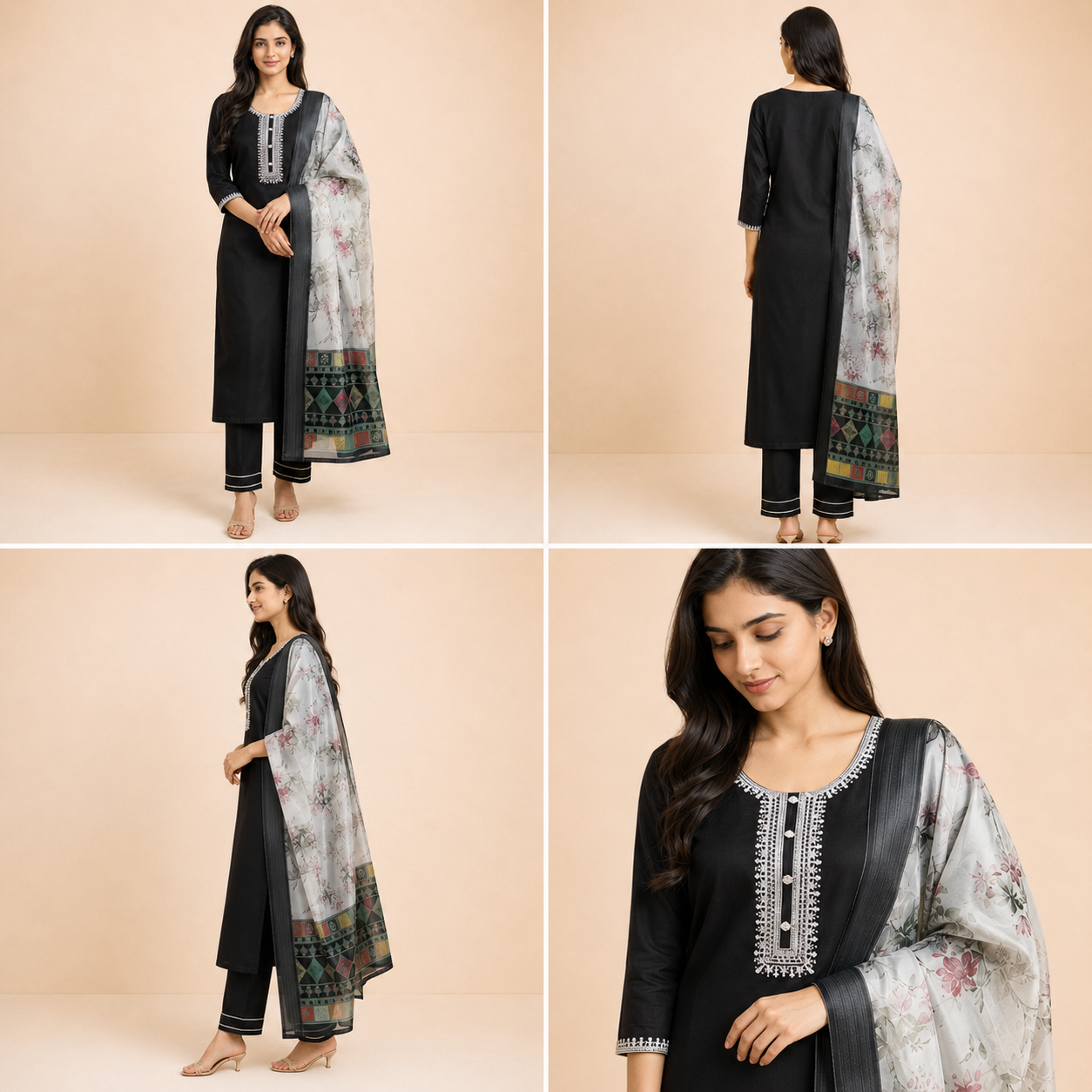 Embroidered Magic Cotton 3-Piece Ethnic Kurta Set [Black]