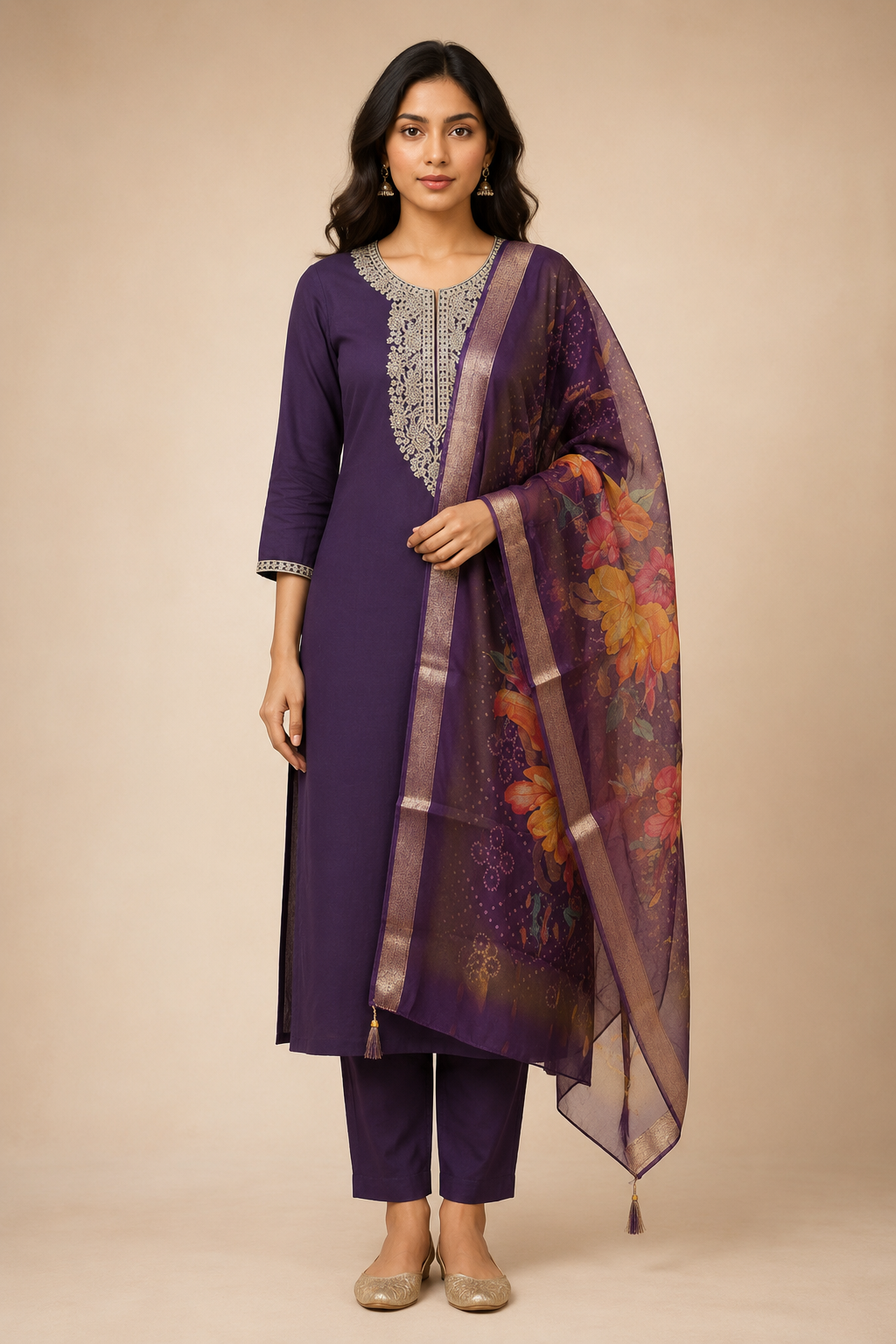 Royal Purple Roman Silk Embroidered Kurta Set with Organza Dupatta