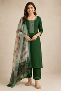 Embroidered Magic Cotton 3-Piece Ethnic Kurta Set [Bottle Green]