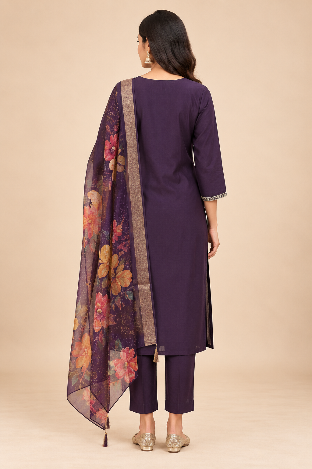 Royal Purple Roman Silk Embroidered Kurta Set with Organza Dupatta