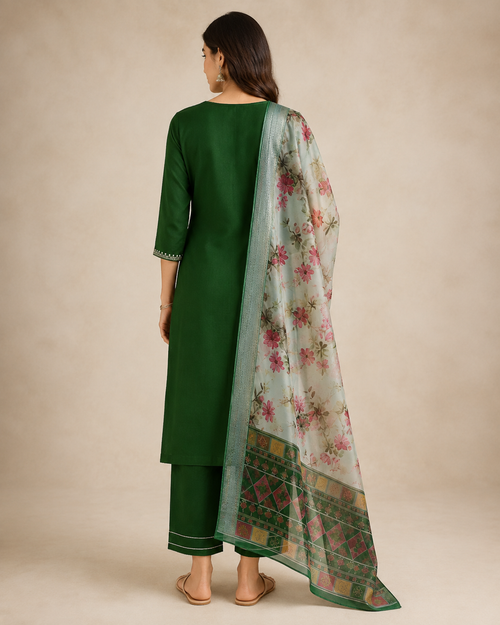 Embroidered Magic Cotton 3-Piece Ethnic Kurta Set [Bottle Green]