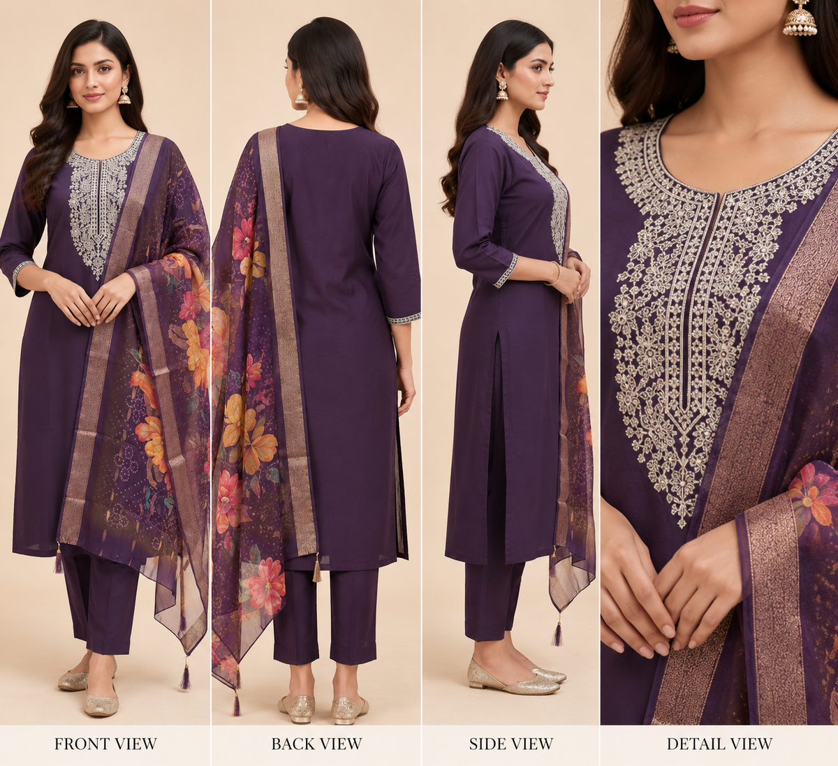 Royal Purple Roman Silk Embroidered Kurta Set with Organza Dupatta