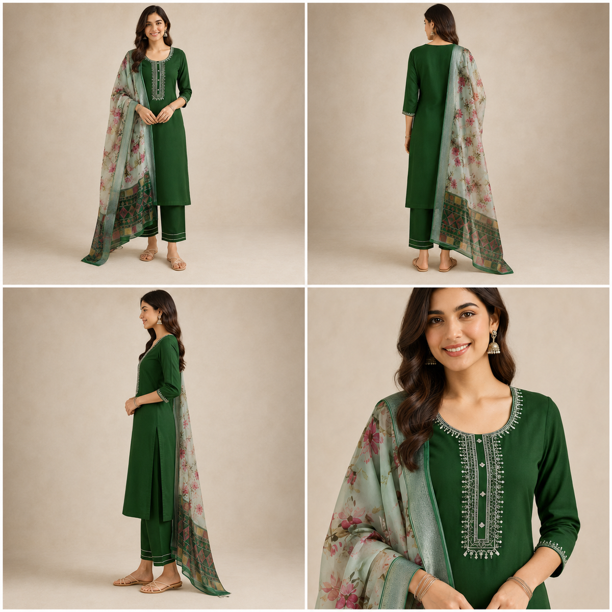 Embroidered Magic Cotton 3-Piece Ethnic Kurta Set [Bottle Green]