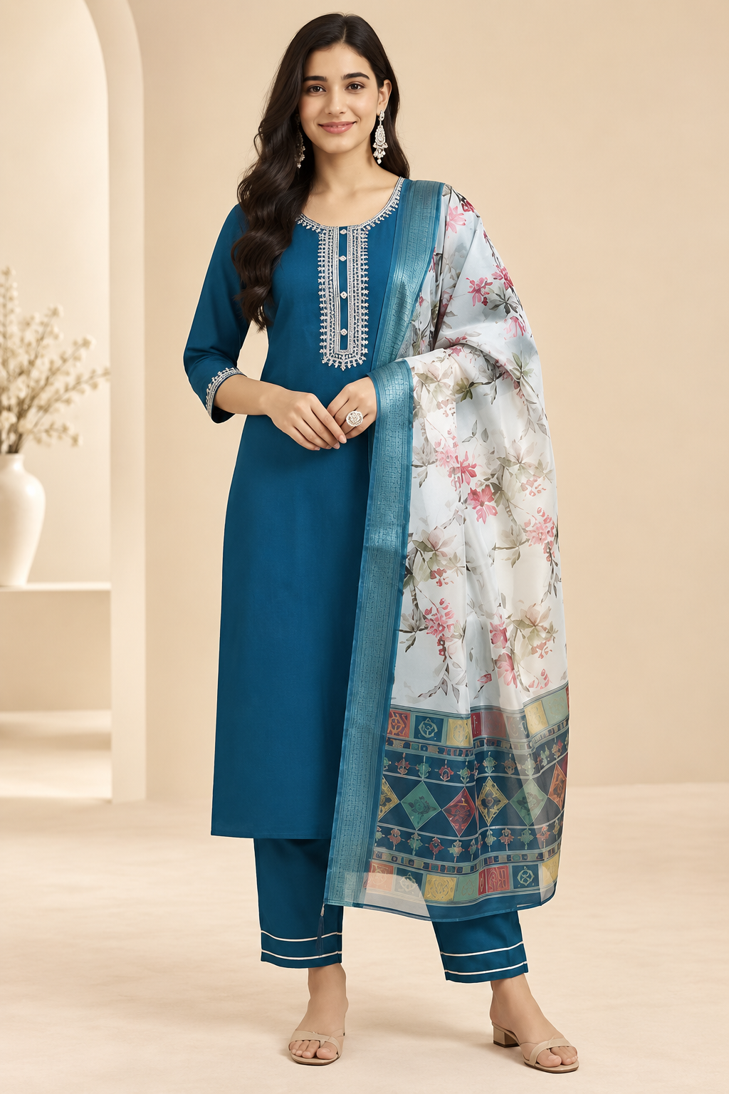 Embroidered Magic Cotton 3-Piece Ethnic Kurta Set [Teal Blue]