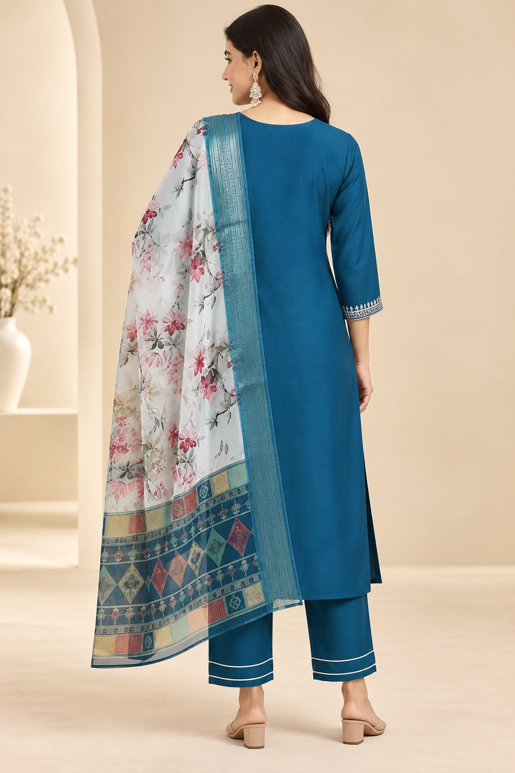 Embroidered Magic Cotton 3-Piece Ethnic Kurta Set [Teal Blue]