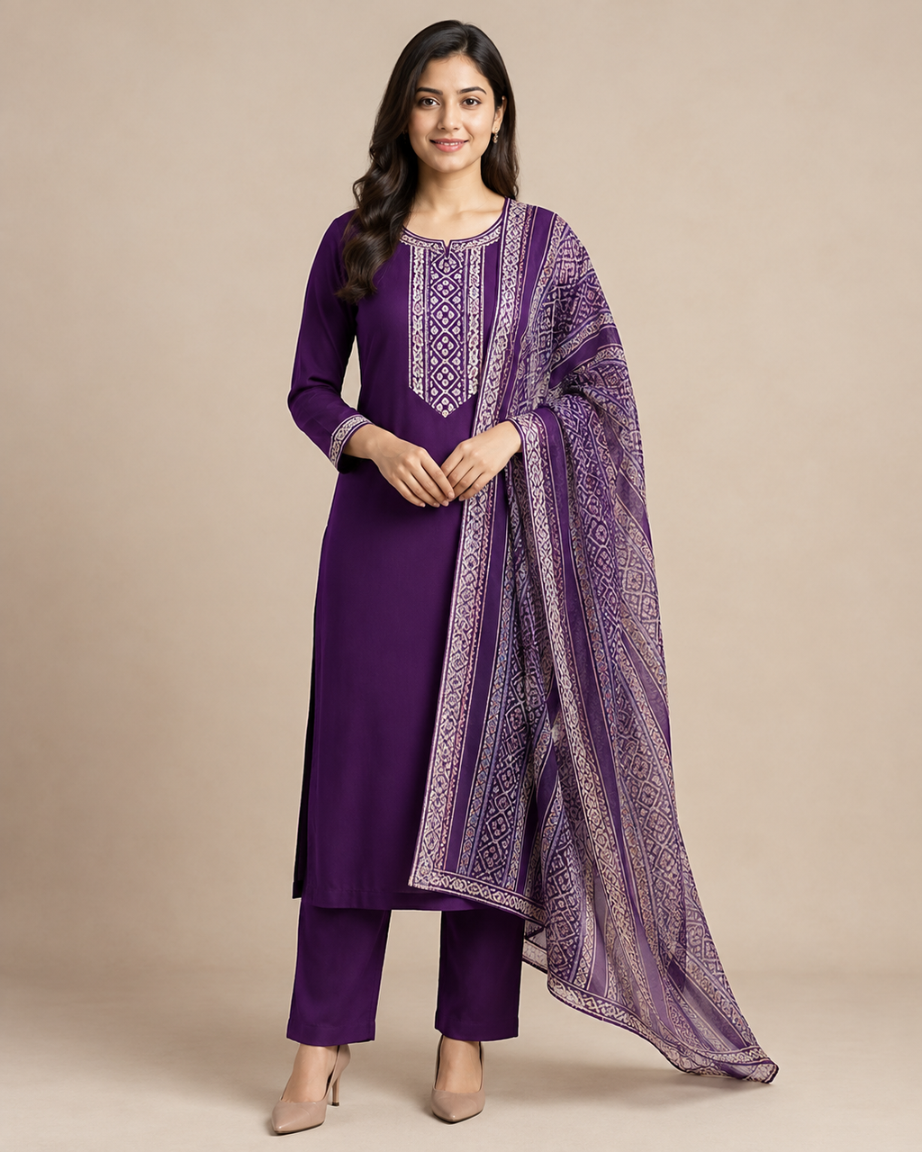 Deep Purple Rayon Slub 3-Piece Ethnic Set with Printed Dupatta