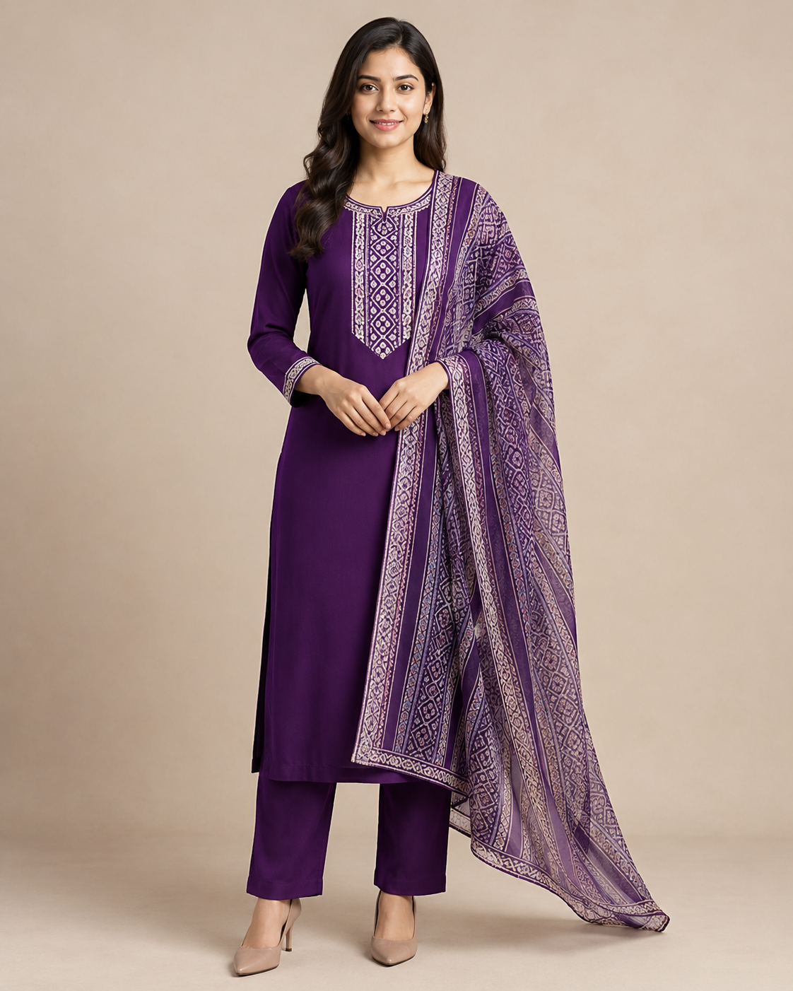 Deep Purple Rayon Slub 3-Piece Ethnic Set with Printed Dupatta