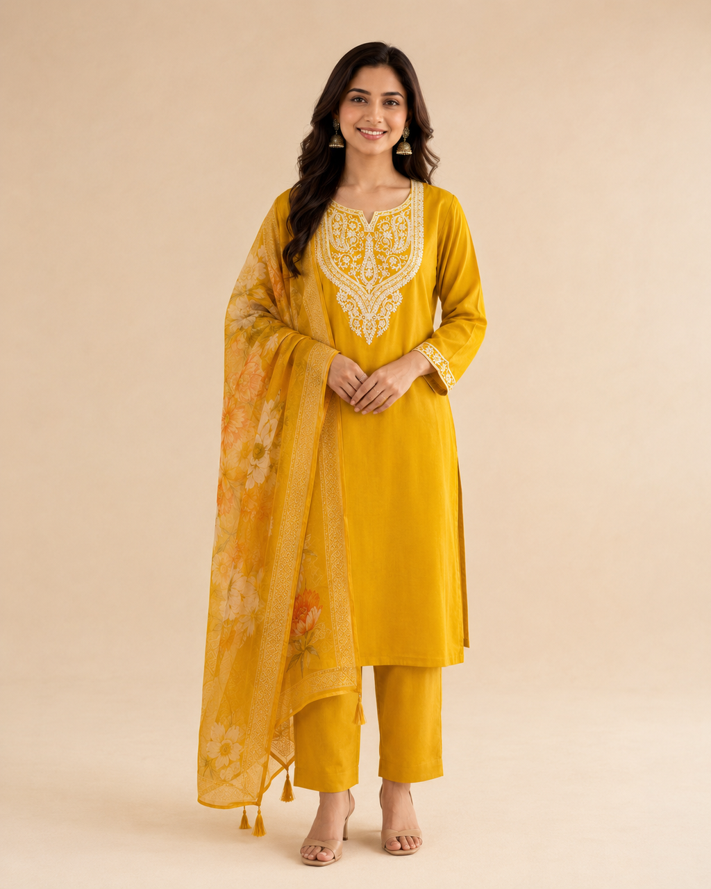 Roman Silk Embroidered Suit Set with Organza Dupatta