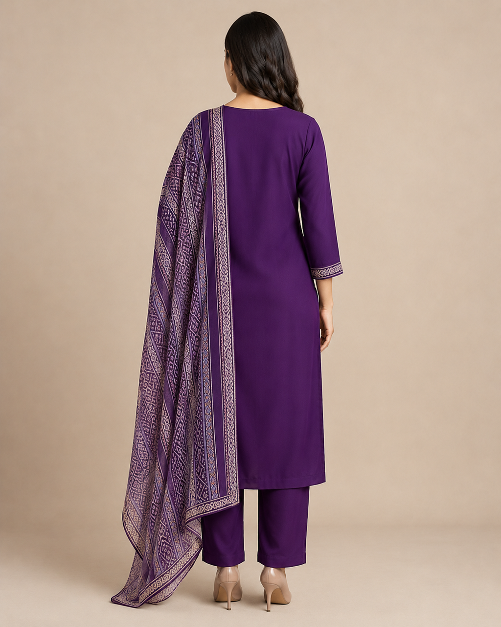 Deep Purple Rayon Slub 3-Piece Ethnic Set with Printed Dupatta