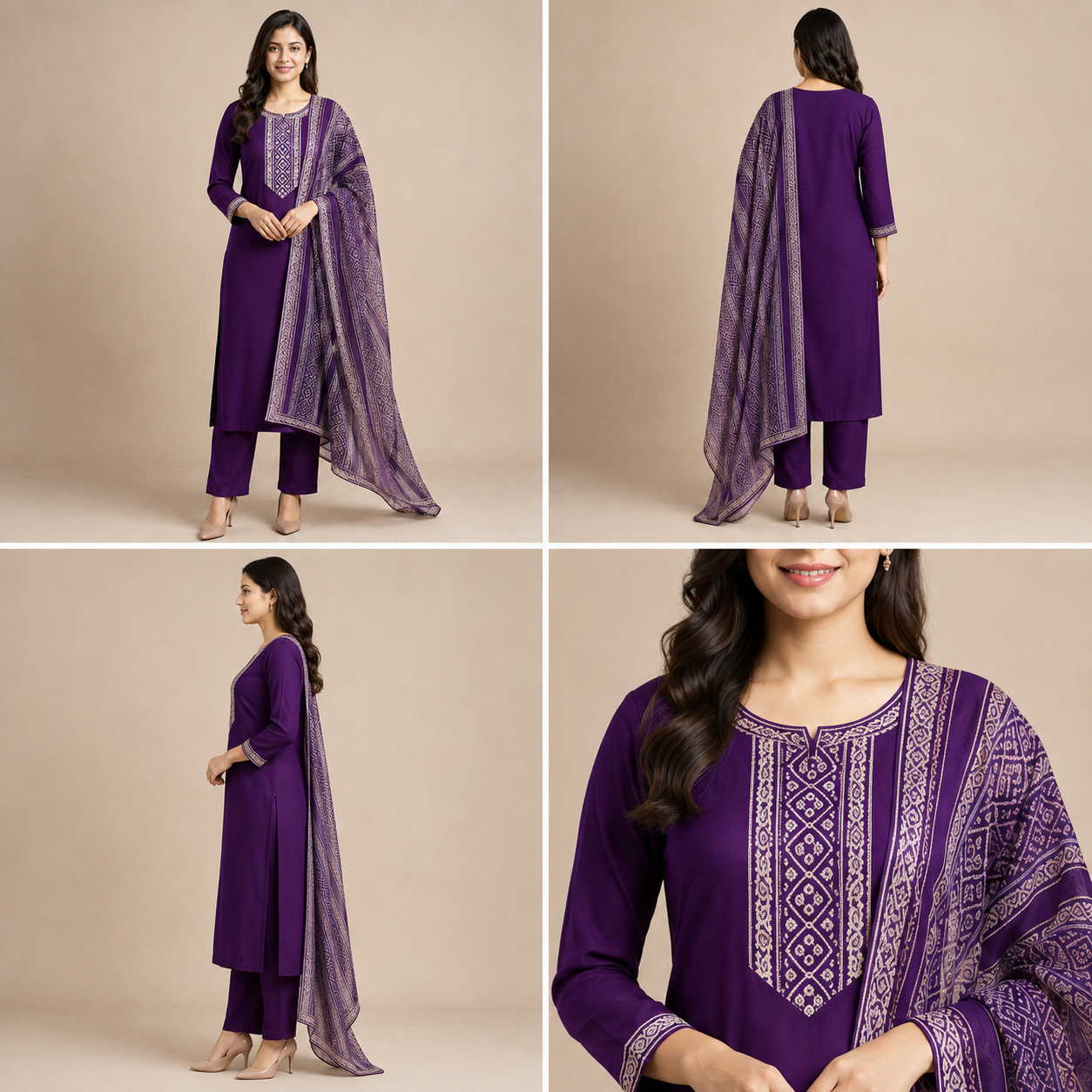 Deep Purple Rayon Slub 3-Piece Ethnic Set with Printed Dupatta