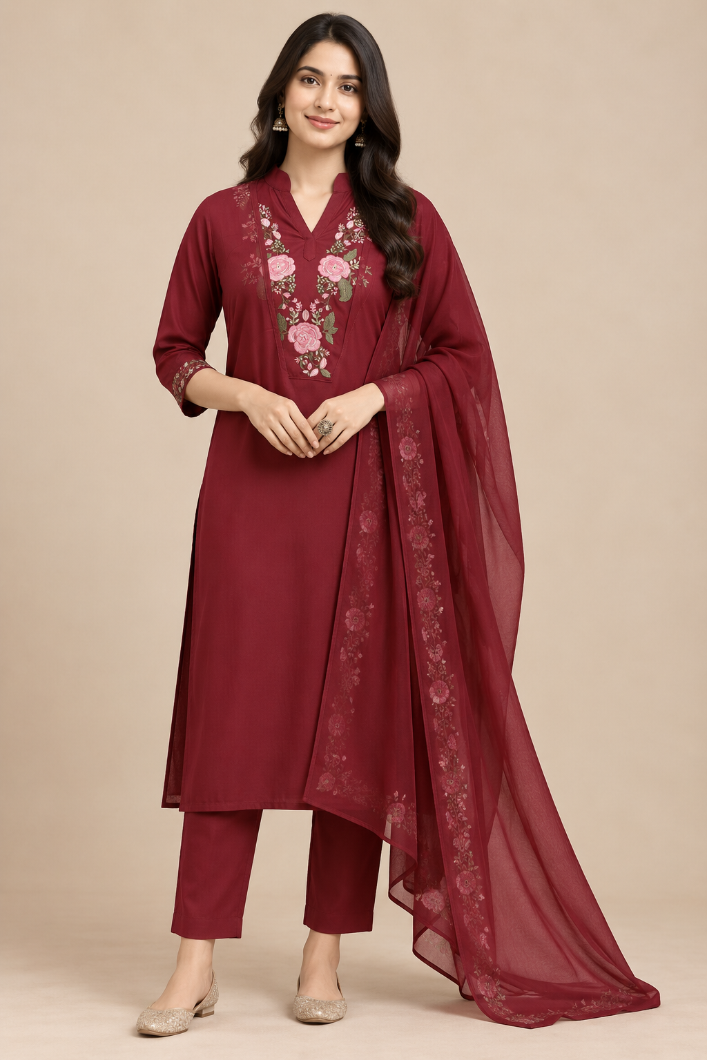 Embroidered Rayon Slub 3-Piece Ethnic Kurta Set