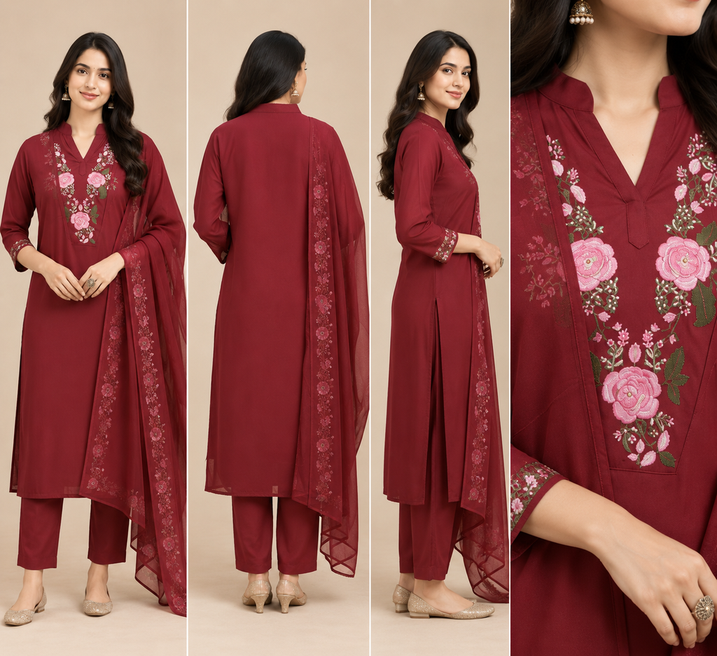 Embroidered Rayon Slub 3-Piece Ethnic Kurta Set