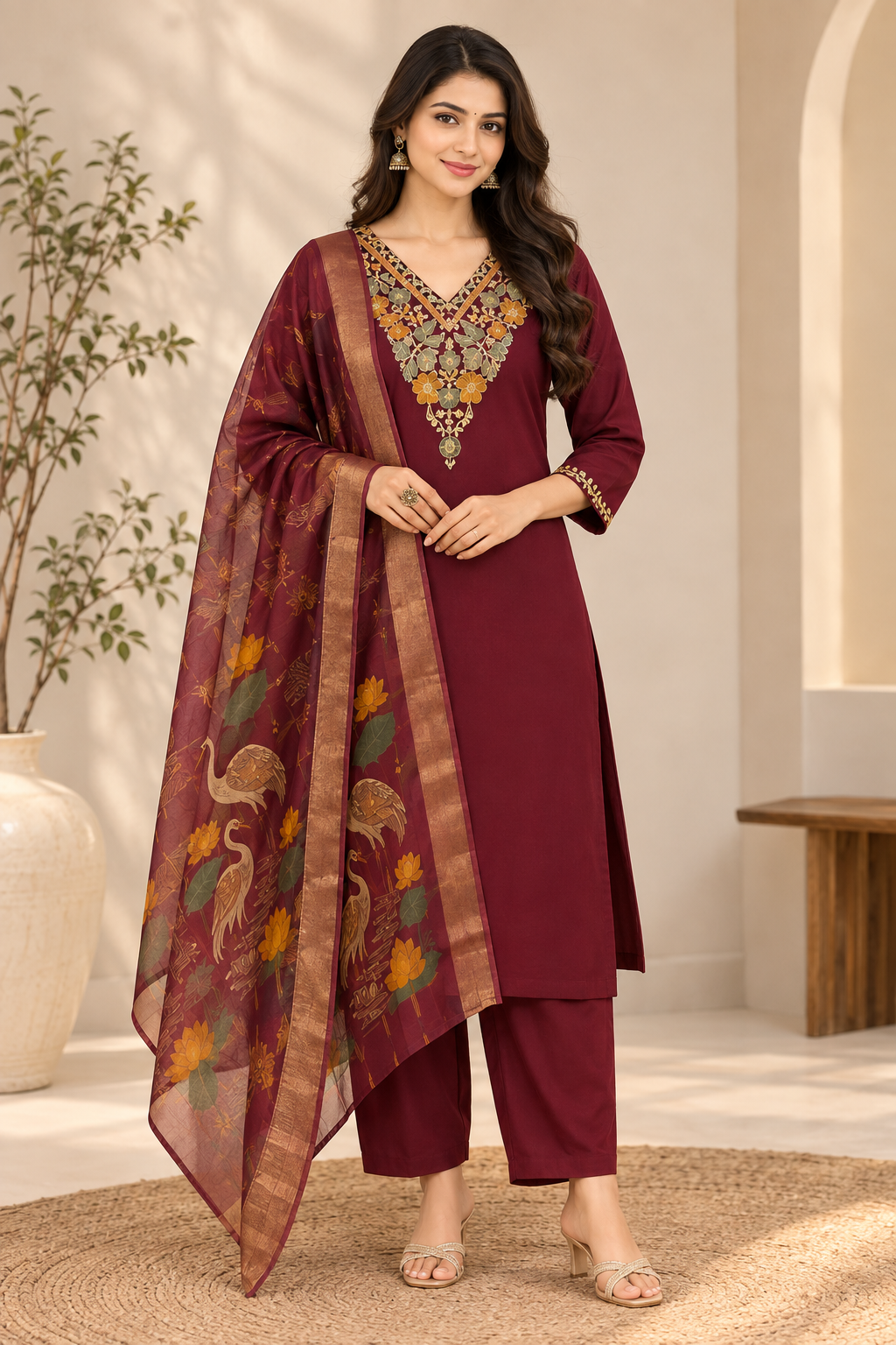 Wine Cording Embroidered Roman Silk Women's 3-Piece Suit Set