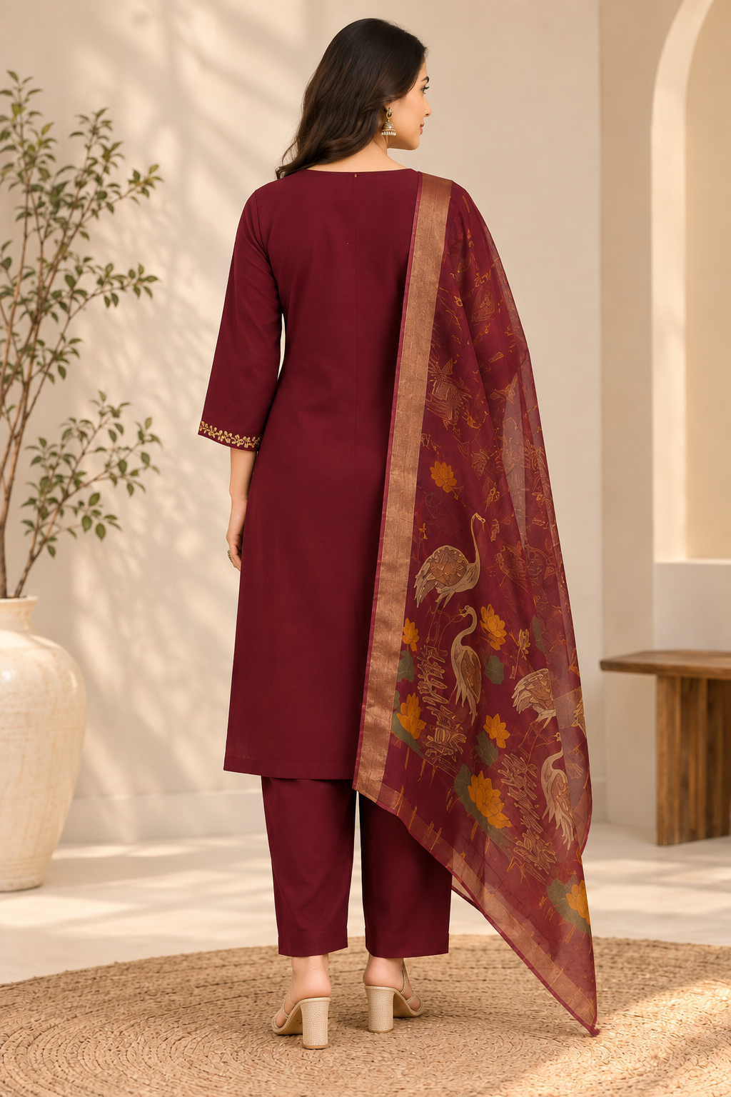 Wine Cording Embroidered Roman Silk Women's 3-Piece Suit Set