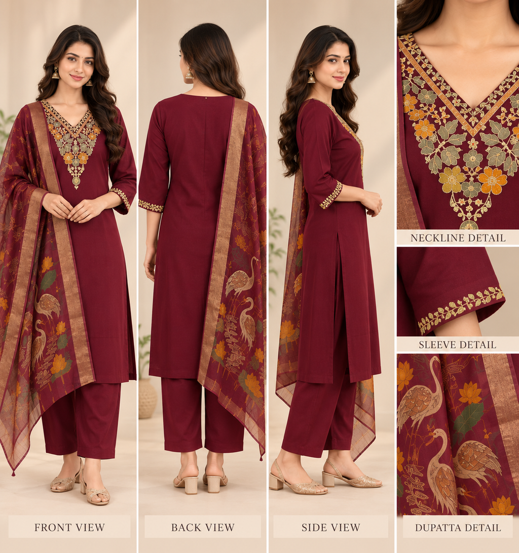 Wine Cording Embroidered Roman Silk Women's 3-Piece Suit Set